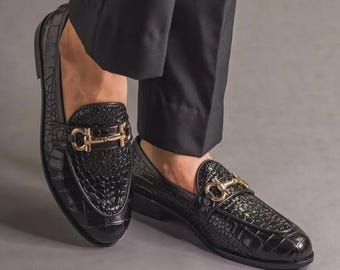 Handmade Alligator Textured Leather Horse bit Loafers - Men's Slip On Shoes