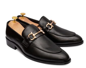 Mocasines de cuero negro hechos a mano con detalle de herradura: Zapatos de vestir de lujo para hombre
