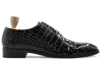 Handmade Black Crocodile Embossed Leather Oxford Shoes