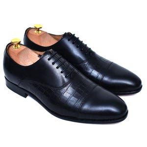 Handmade Cap Toe Oxford In Black | Men&#39;s Black Crocodile Oxford | Men&#39;s Dress Shoes | Men&#39;s Premium Shoes | Men&#39;s Leather Oxford