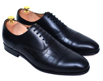 Handmade Black Crocodile Embossed Leather Oxford Cap Toe Dress Shoes