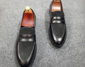 Mocasines de piel de vacuno y ante negros hechos a mano