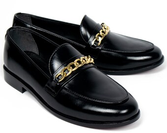 Handmade Mens Bespoke Black Loafers: Men's Metal Buckle Slip On