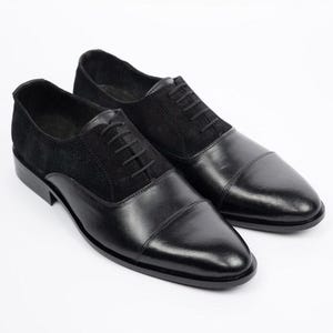 Handmade Black Leather Oxford Shoes: Suede Quarter Dress Shoes