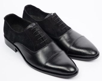 Handmade Black Leather Oxford Shoes: Suede Quarter Dress Shoes