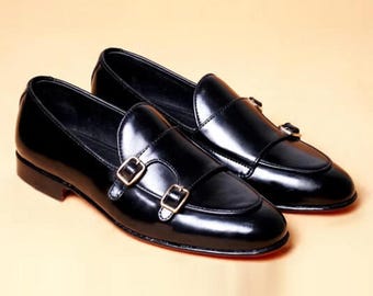 Handmade Double Monk Leather Loafers: Black & Burgundy