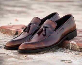 Handmade Tassel Leather Loafers In Brown Dual Tone: Men's  Brown Two-Tone Slip-Ons