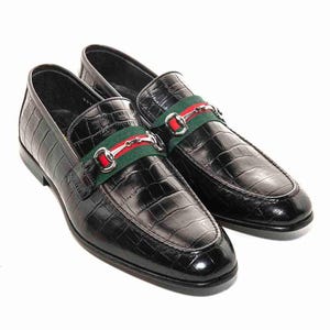 Handmade black crocodile embossed leather loafers