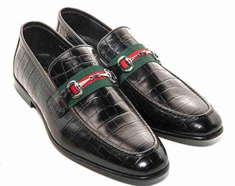 Handmade Black Crocodile Embossed Leather Loafers: Men’s Luxury Horsebit Shoes with Green Red Strap