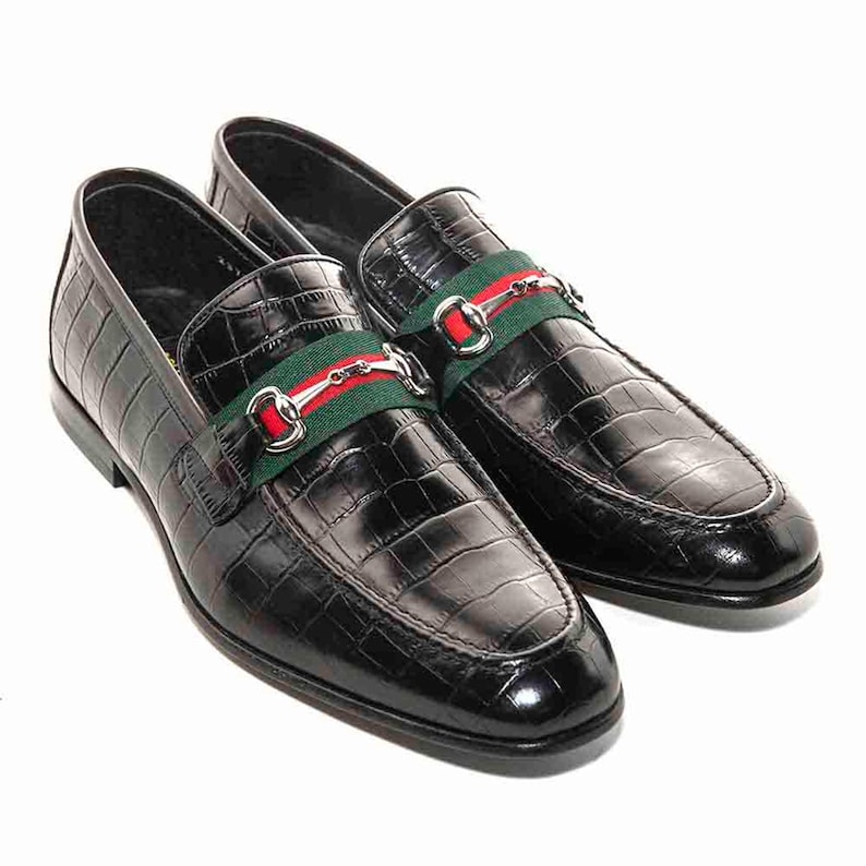 Handmade black crocodile embossed leather loafers
