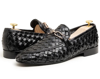 Black Woven Leather Loafers with Hook Buckle– Handmade Men’s Slip-On Shoes
