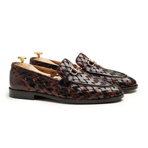 Brown Dual Tone Woven Leather Loafers – Handmade Men’s Slip-On Shoes