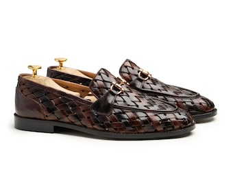 Brown Dual Tone Woven Leather Loafers – Handmade Men’s Slip-On Shoes