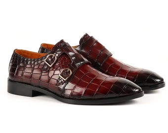 Handmade Crocodile Embossed Double Monk Strap Shoes: Burgundy Leather Dress Shoes