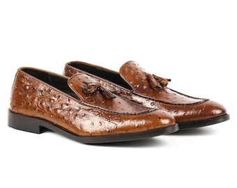 Handgefertigte Tan Straußenleder Quasten Loafer: Herren Formelle Schuhe