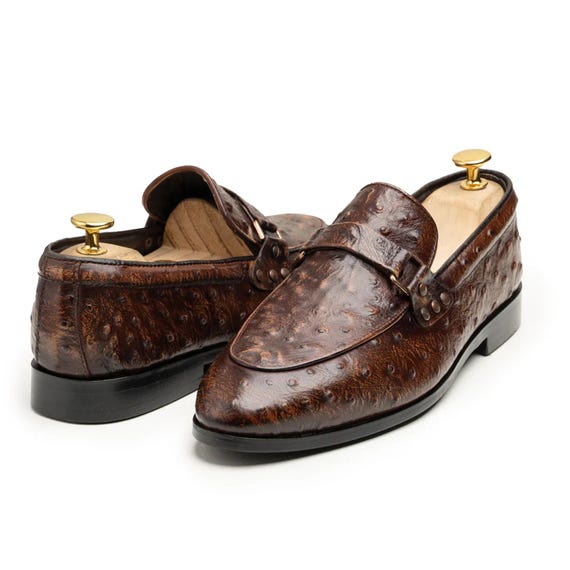 Handmade Brown Ostrich Leather Loafers - Men display picture 3