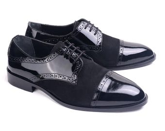 Bespoke Handmade Black Patent And Suede Leather Brogue Oxford : Men's Handmade Dress Shoes