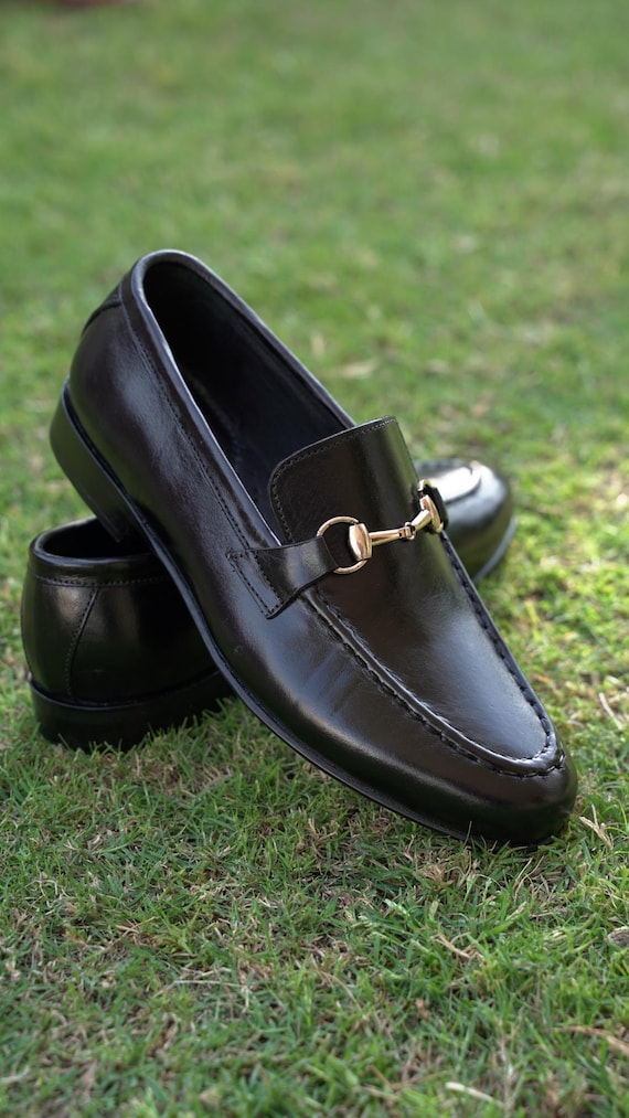 Handmade Black Leather Horse Bit Loafers - Men display picture 2