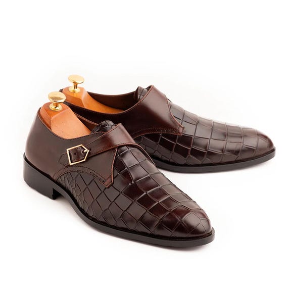 Handmade Brown Crocodile Embossed Leather Monk Strap Shoes