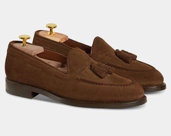 Handmade Brown Suede Tassel Loafers: Men's Leather Slip-Ons