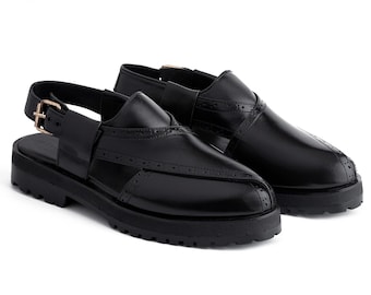 Handmade Black Leather Peshawari Chappal: Men's Authentic Sandals