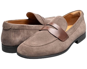 Handmade Gray Suede Penny Loafers With Brown Tai : Men's Bespoke Leather Shoes