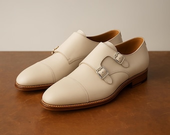 Handmade Beige Leather Double Monk Strap Shoes: Men's Formal Wedding Footwear