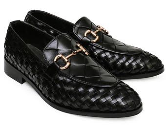 Handmade Black Woven Leather Loafers: Men's Horsebit Dress Shoes