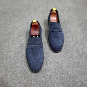 Handmade Suede Penny Loafer In Blue | Men&#39;s Suede Loafer | Men&#39;s Designer Shoes | Bespoke Suede Loafer | Men&#39;s Penny Loafer