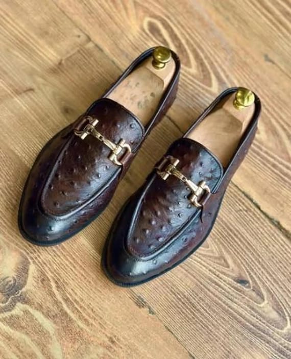 Handmade Ostrich Leather Horse Bit Loafers: Luxury Men's Slip-Ons