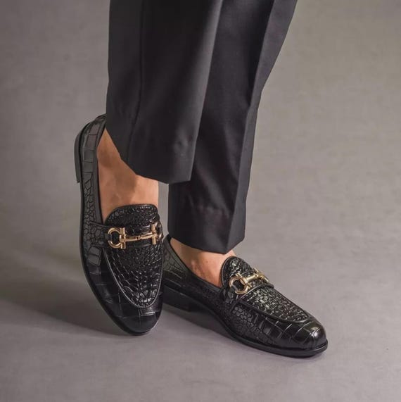 Handmade Alligator Textured Leather Horse bit Loafers - Men's Slip On Shoes