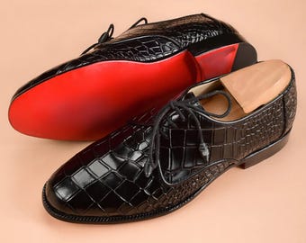 Maßgeschneiderte handgemachte Herren Krokodil geprägte schwarze Leder Derby Oxford: Herrenkleid Schuhe