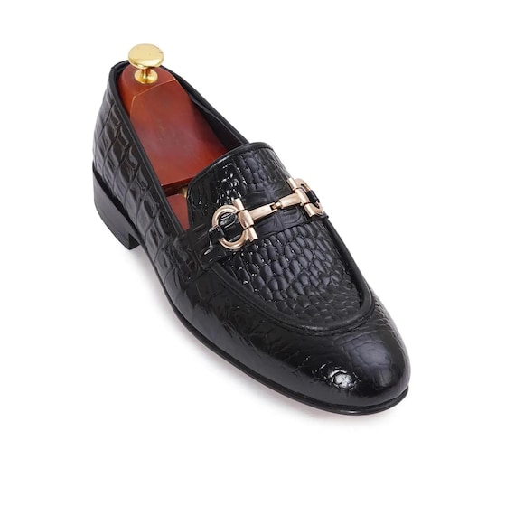Handmade Black Crocodile Embossed Leather Loafers: Horse Bit  display picture 1