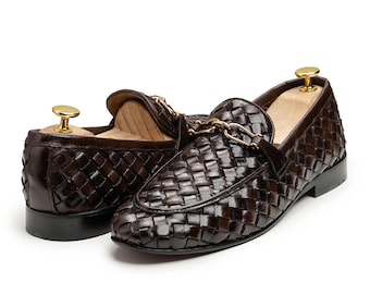 Brown Woven Leather Loafers with Hook Buckle– Handmade Men’s Slip-On Shoes