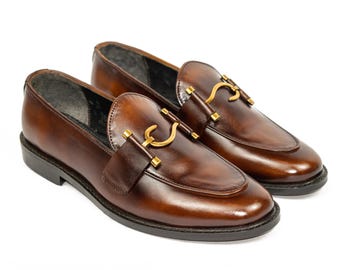 Handmade Leather Hook Loafers: Men's Brown Dual Tone Slip-Ons
