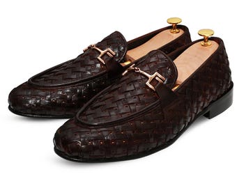 Handmade Brown Woven Leather Loafers: Men’s Luxury Cowhide Horsebit Dress Shoes