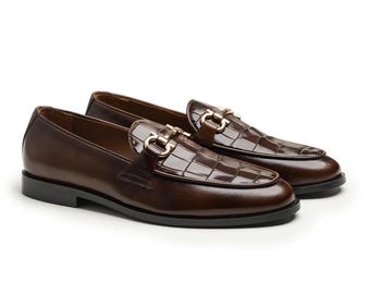 Handmade Men's Crocodile Embossed & Plain Leather Loafer In Brown: Men's Slip on