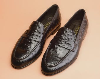 Handmade Black Ostrich Embossed Leather Loafers: Men's Business Shoes