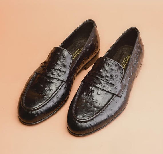 Handmade Black Ostrich Embossed Leather Loafers: Men's Business Shoes