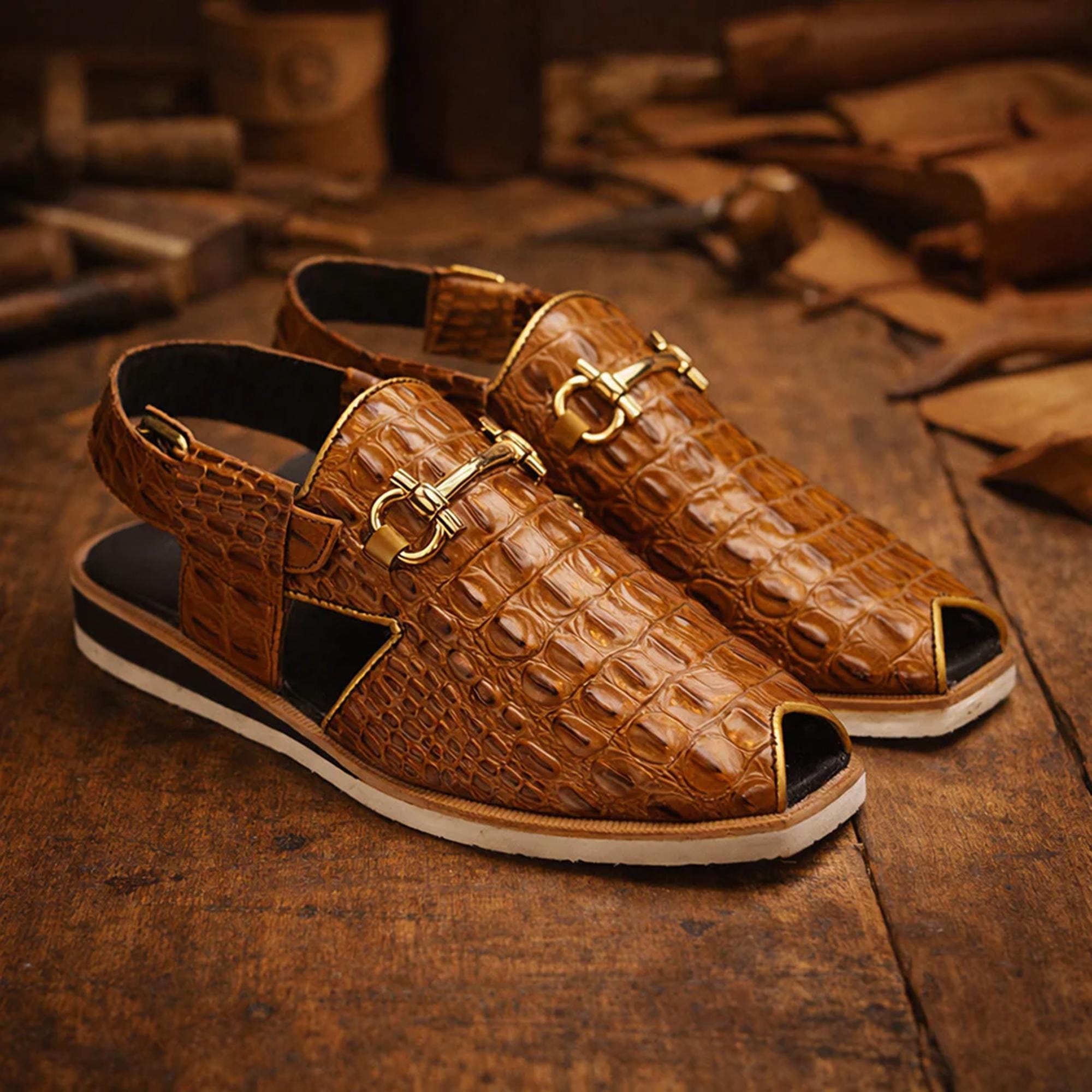 Handmade Brown Alligator Embossed Leather Peshawari Chappal: Men's Authentic Sandals