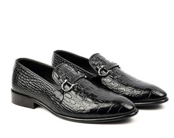 Handmade Black Alligator Embossed Leather Loafers