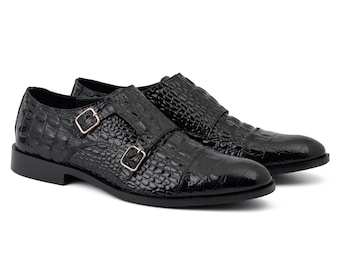 Handmade Black Alligator Embossed Leather Double Monk Strap Shoes
