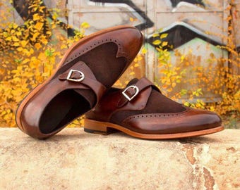 Handmade Brown Suede & Leather Single Monk Strap Shoes