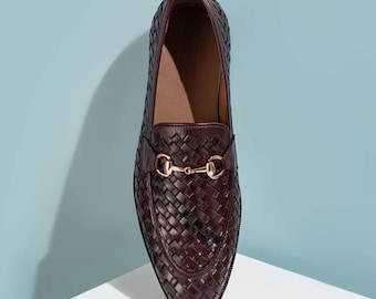 Handmade Knitted Leather Loafers: Brown Buckle Slip-Ons
