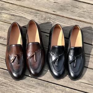 Handmade Leather Tassel Loafers: Black & Brown Slip-Ons
