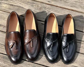Handmade Leather Tassel Loafers: Black & Brown Slip-Ons