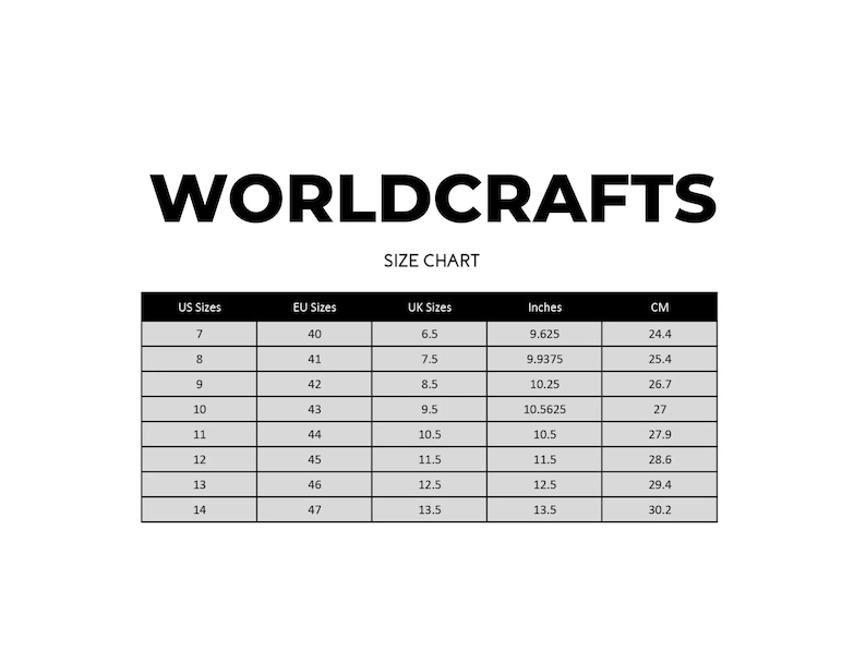 May include: A size chart with the text "WORLDCRAFTS" at the top. The chart lists US, EU, and UK sizes, along with measurements in inches and centimeters. Sizes range from US size 7 to 14, with corresponding measurements.