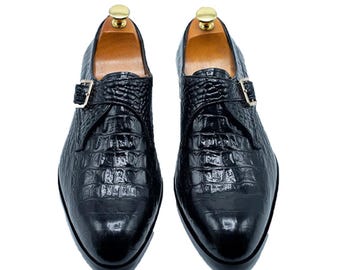 Handmade Black Alligator Crocodile Leather Single Monk Strap Luxury Slip-On Dress Shoes for Men