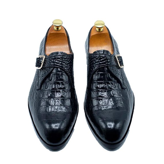 Handmade Black Alligator Crocodile Leather Single Monk Strap Luxury Slip-On Dress Shoes for Men