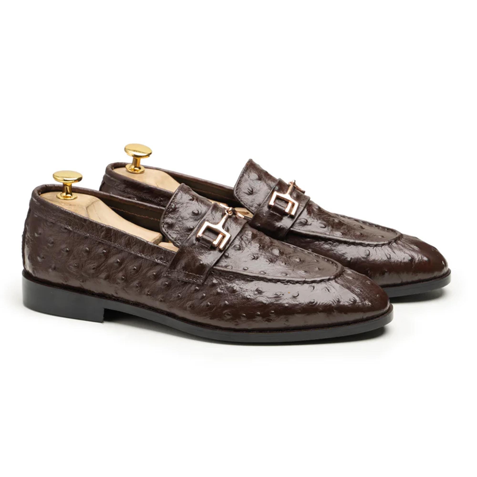 Handmade Chocolate Brown Ostrich Leather Loafers: Men's Bespoke Formal Shoes